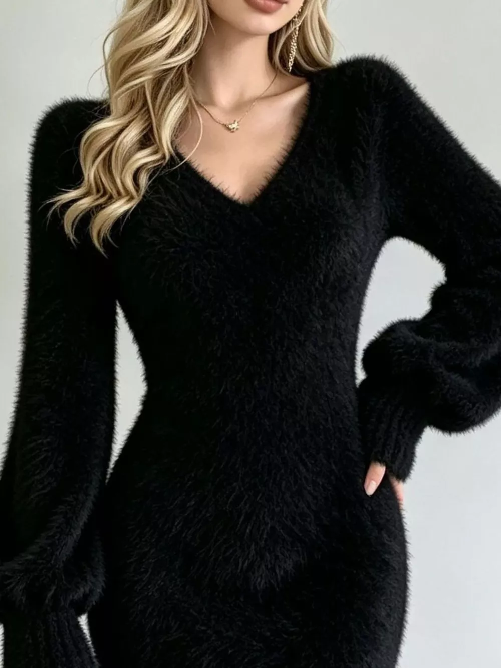 Fuzzy V-Neck Long Sleeve Sweater Dress, image 11