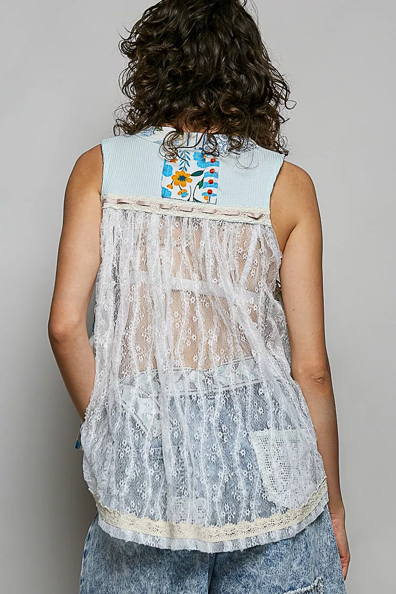 Floral V-Neck Sheer Tank with Lace Trim, image 4