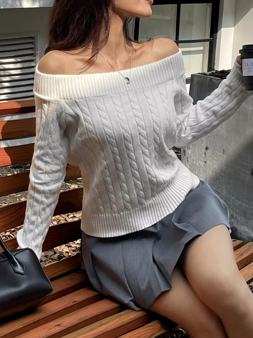 Off-Shoulder Cable Knit Sweater, image 3