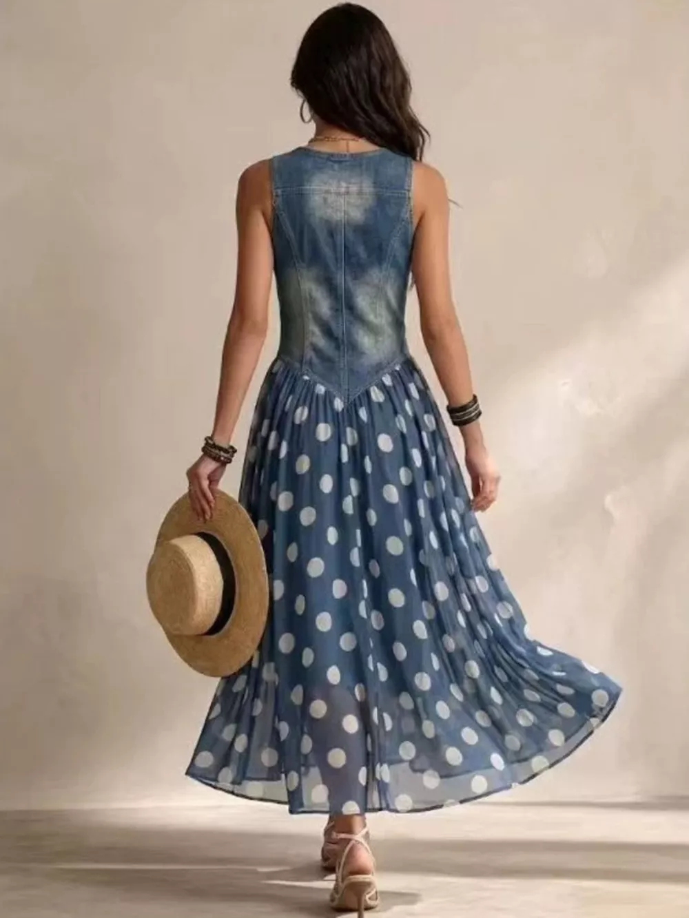 Polka Dot Denim Bodice Sleeveless Maxi Dress, image 2