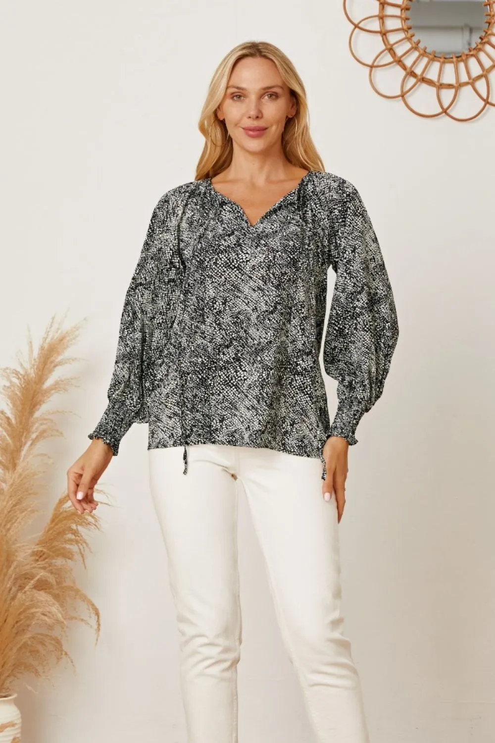 Printed Tie Neck Lantern Sleeve Blouse, image 7