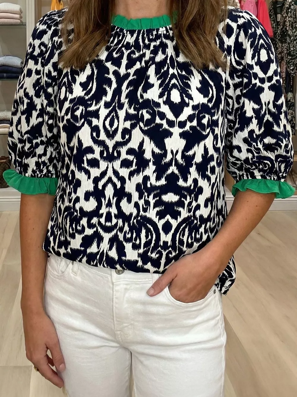 Damask Print Ruffled Color Block Detail Half Sleeve Blouse, image 6