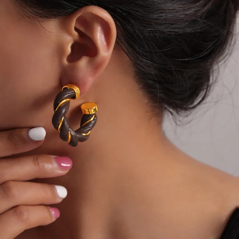 Twisted Leather Rope C-Hoop Earrings, image 3