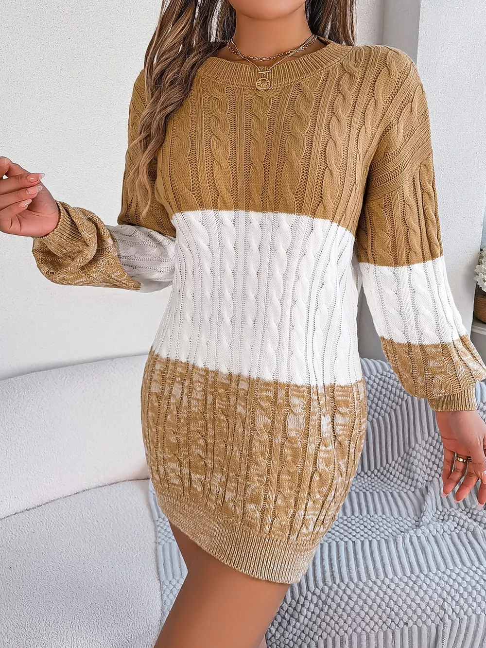 Color Block Cable Knit Sweater Dress with Textured Pattern, image 13