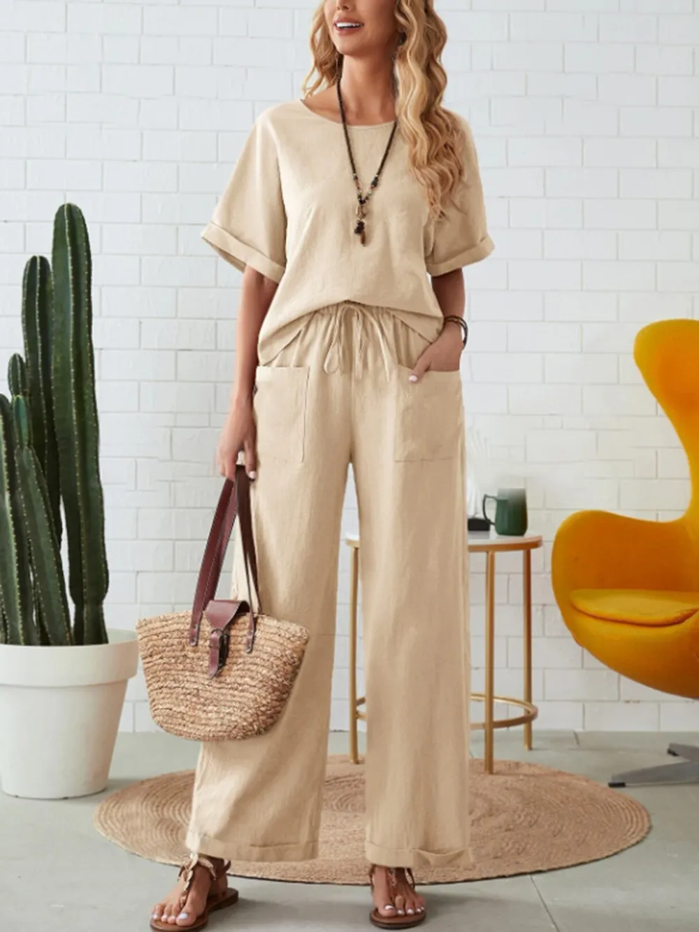Round Neck Half Sleeve Top and Pocketed Pants Set, image 6