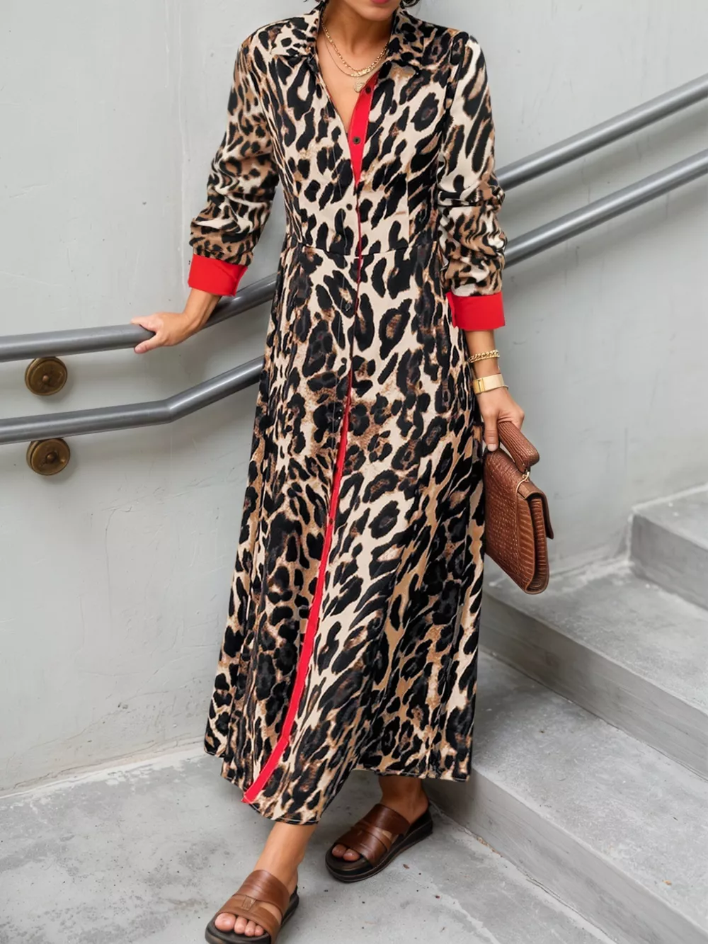 Leopard Print Long Sleeve Shirt Dress with Contrast Trim, image 3