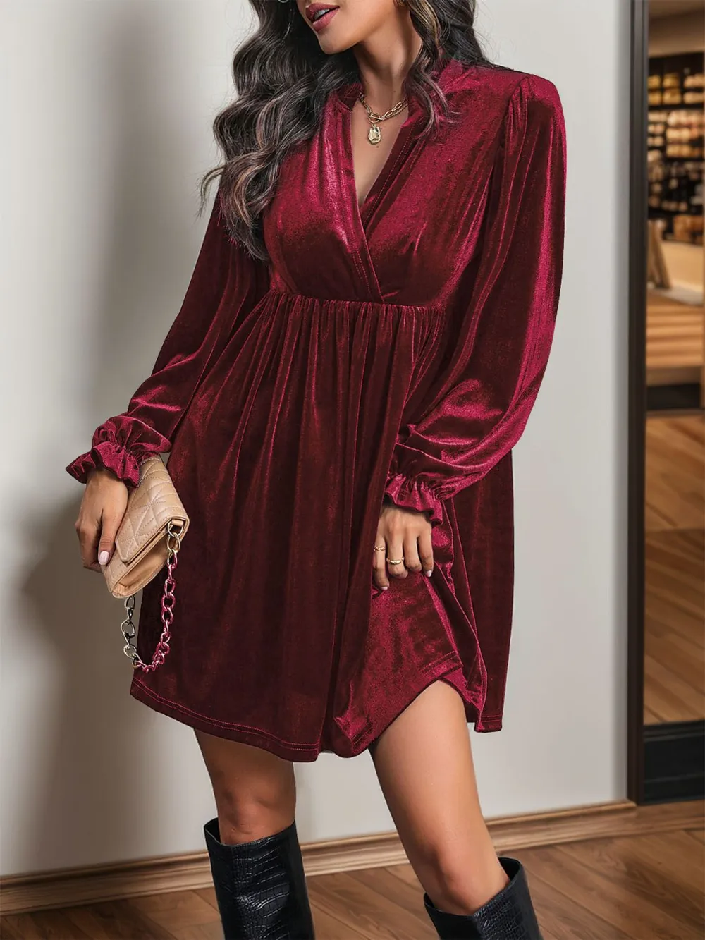 Ruched Surplice Long Sleeve Mini Dress, image 8