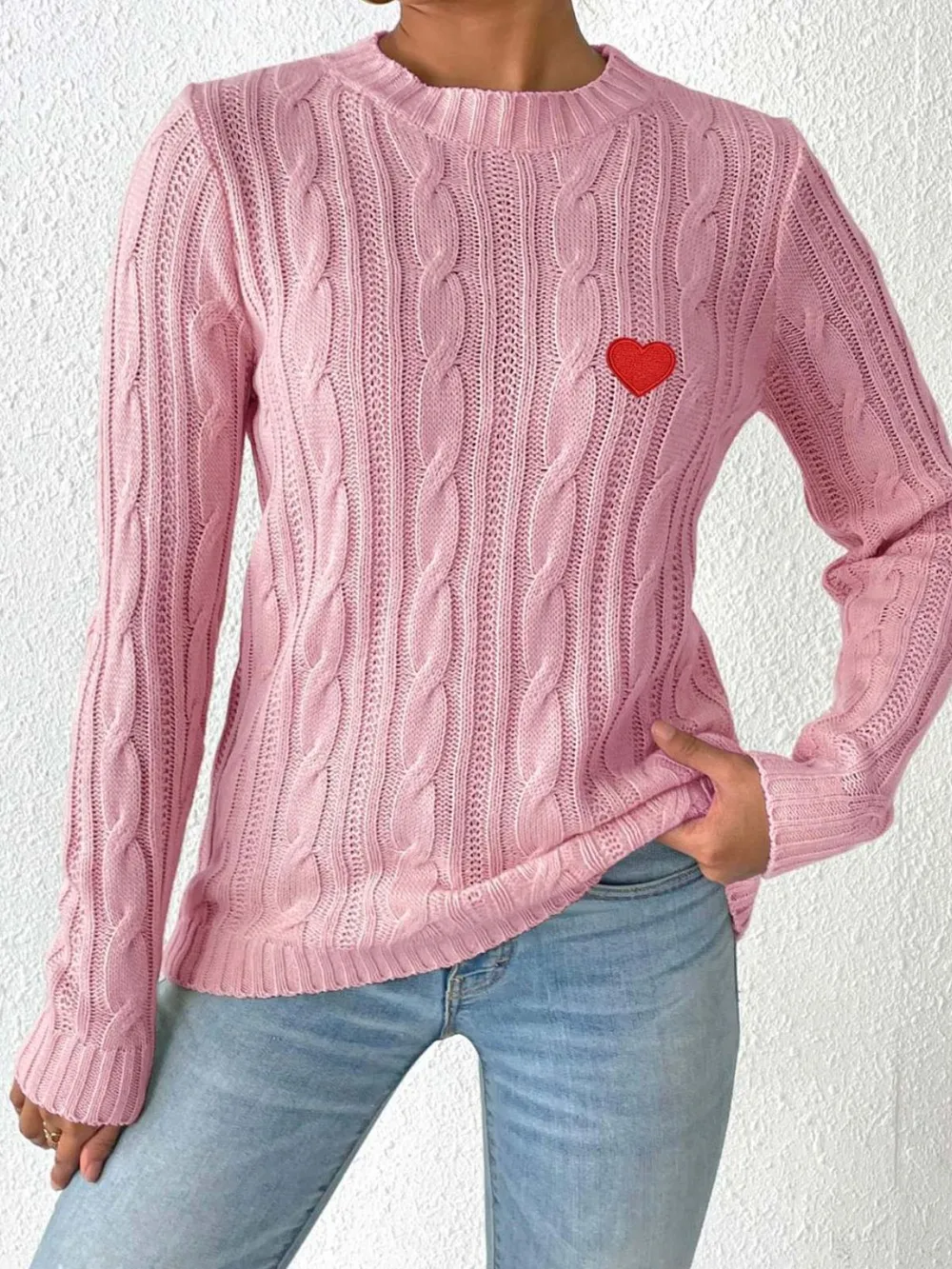 Cable-Knit Heart Round Neck Long Sleeve Sweater, image 2