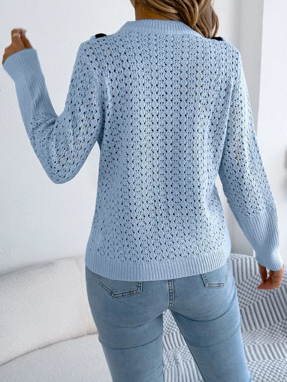 Hollow-Out Knit Top with Contrast Trim, image 3