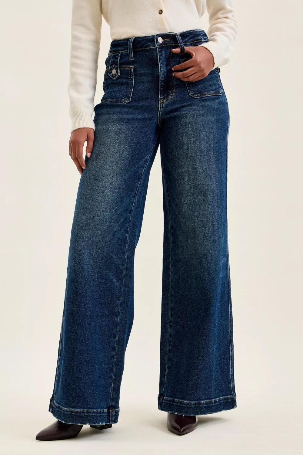 High Waist "lux" Retro Wide Jeans with Front Patch Tab Closure Dk Fade Indigo