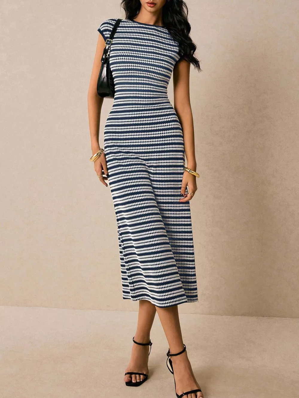 Striped Cap Sleeve Bodycon Midi Dress, image 7