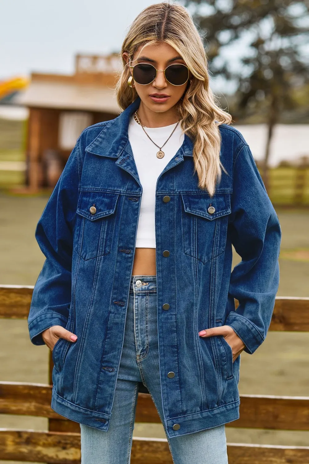 Buttoned Collared Neck Denim Jacket with Pockets, image 3