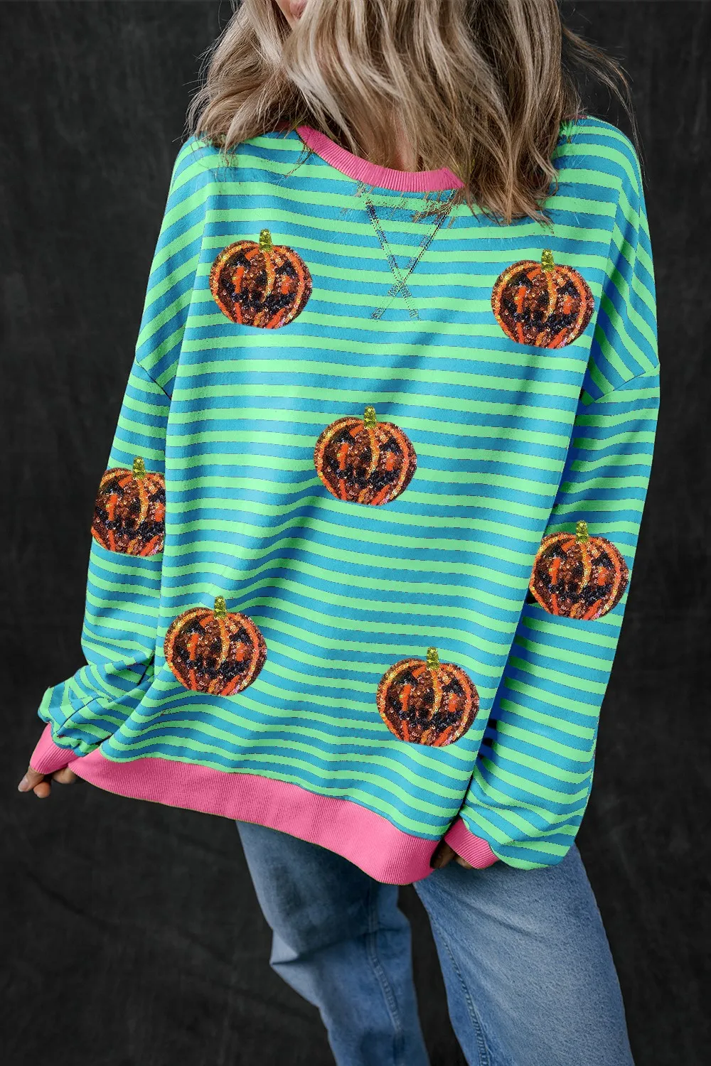 Pumpkin Striped Round Neck Long Sleeve Sweatshirt, image 4