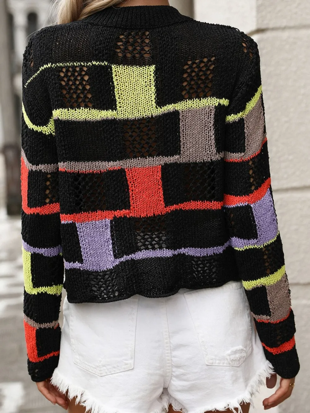 Openwork Color Block Round Neck Sweater, image 11