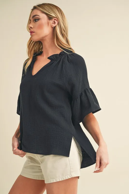 Side Slit Notched Ruffled Half Sleeve Blouse, image 3