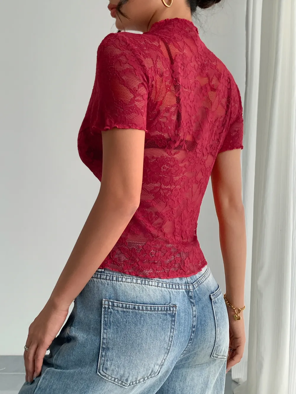 Lace Mock Neck Short Sleeve Top, image 8