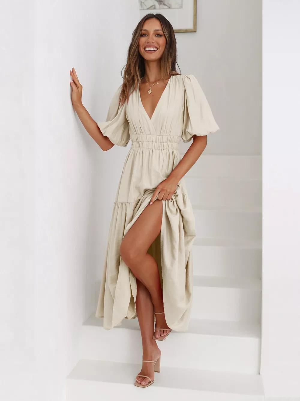 Tiered Puff Sleeve Midi Dress, image 6