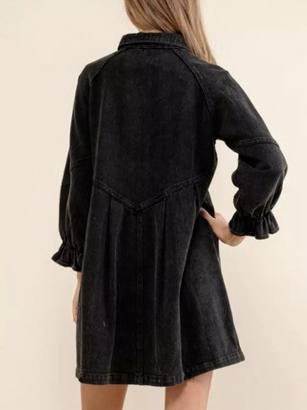 Ruffled Cuff Button-Down Denim Dress, image 13