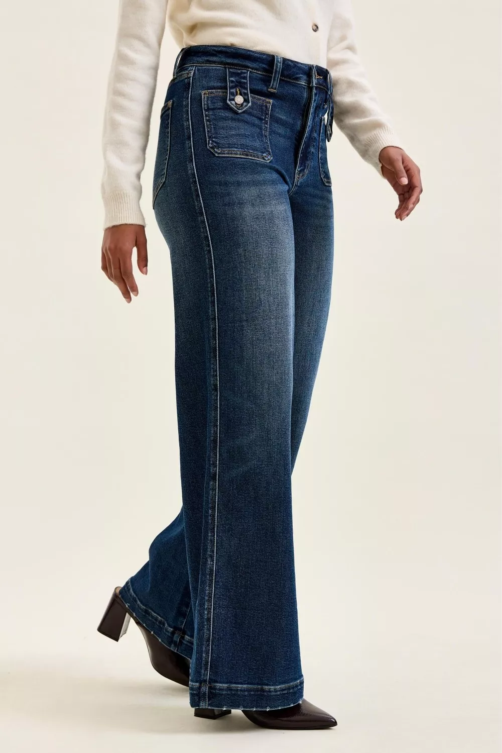 High Waist "lux" Retro Wide Jeans with Front Patch Tab Closure Dk Fade Indigo, image 2