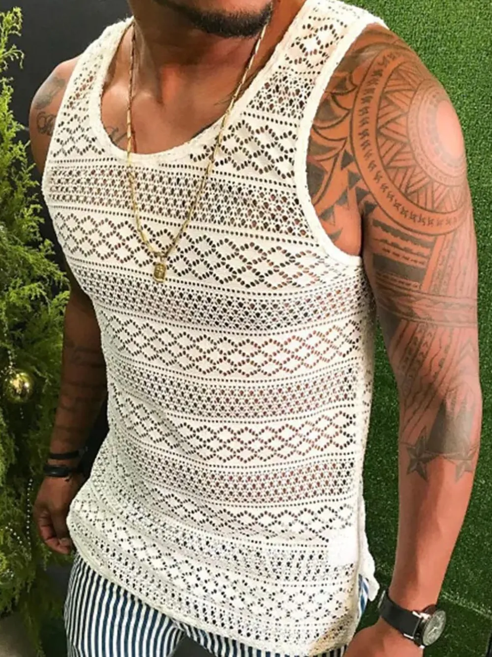 Men's Full Size Openwork Round Neck Tank Plus Size, image 2