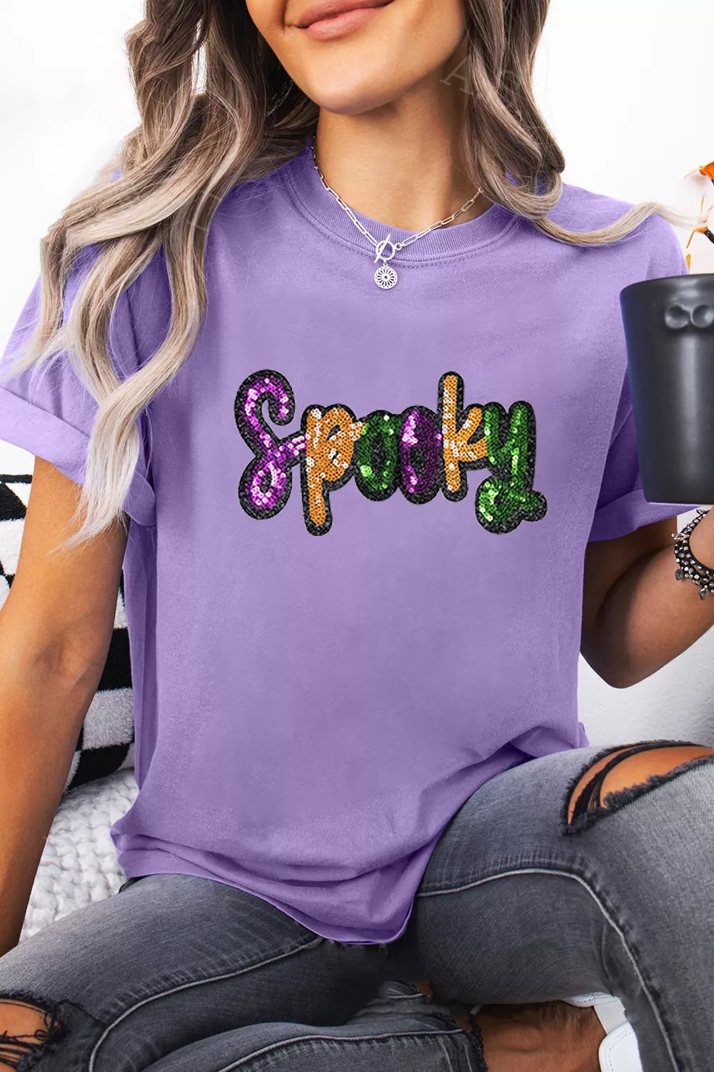 Full Size Spooky Sequin Letter Patched Cotton Blend T Shirt Plus Size, image 3