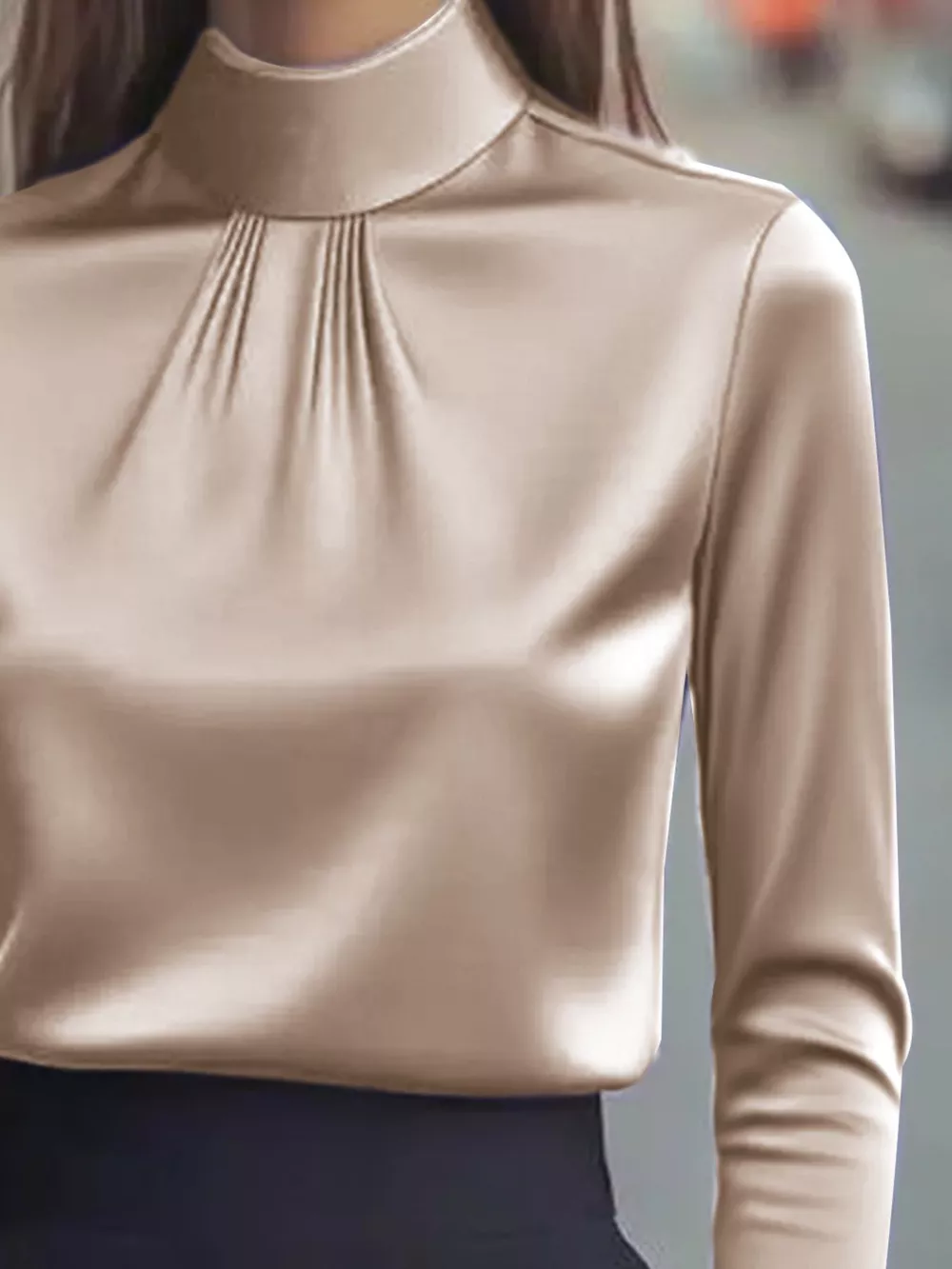 Mock Neck Long Sleeve Blouse with Pleated Detail, image 6