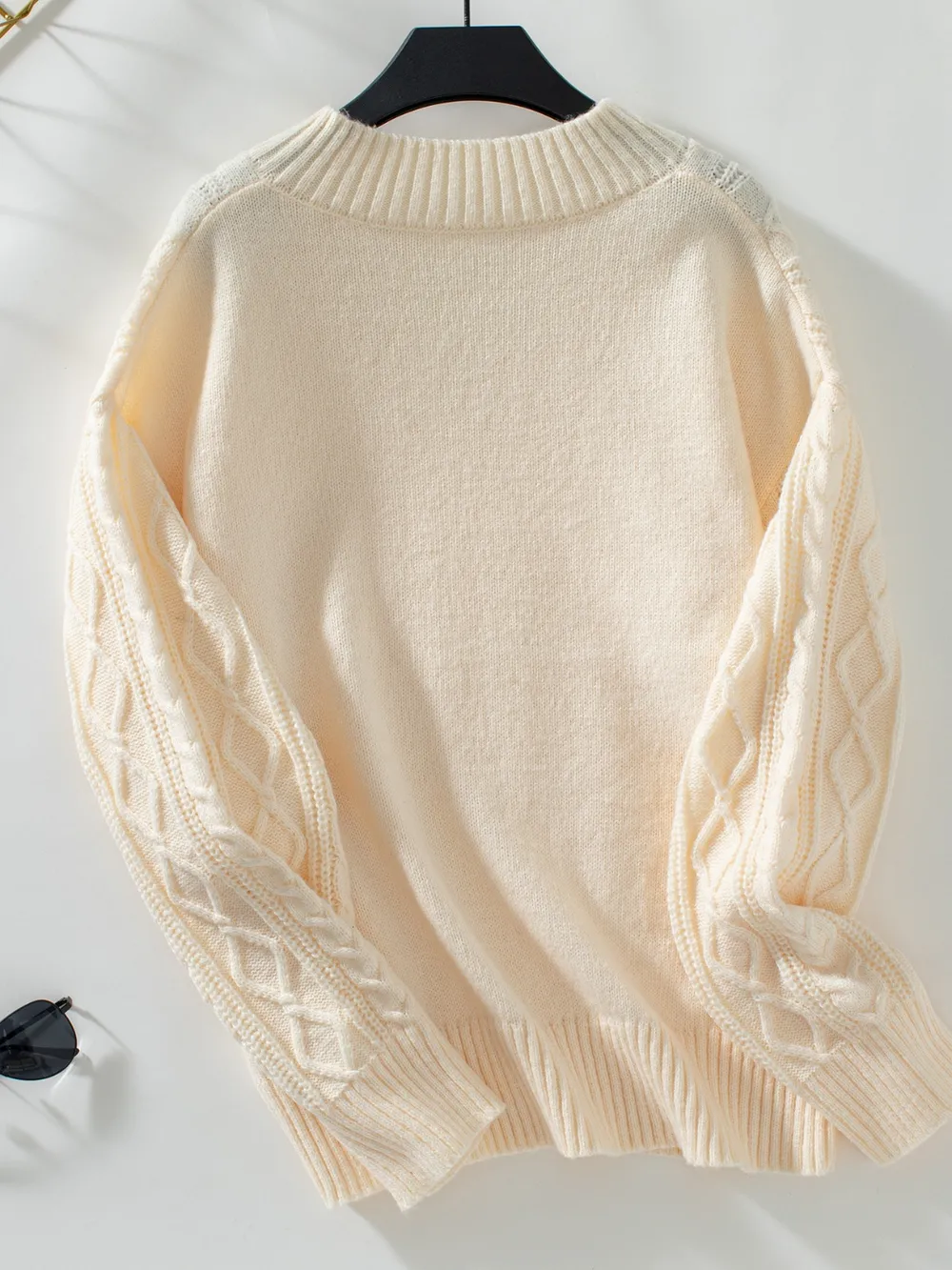 Cable-Knit Notched Long Sleeve Sweater, image 3