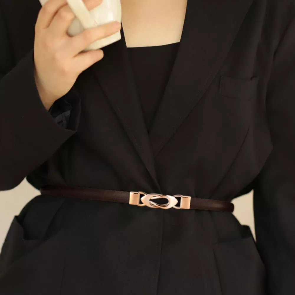 Skinny Leather Belt with Interlocking Buckle, image 6