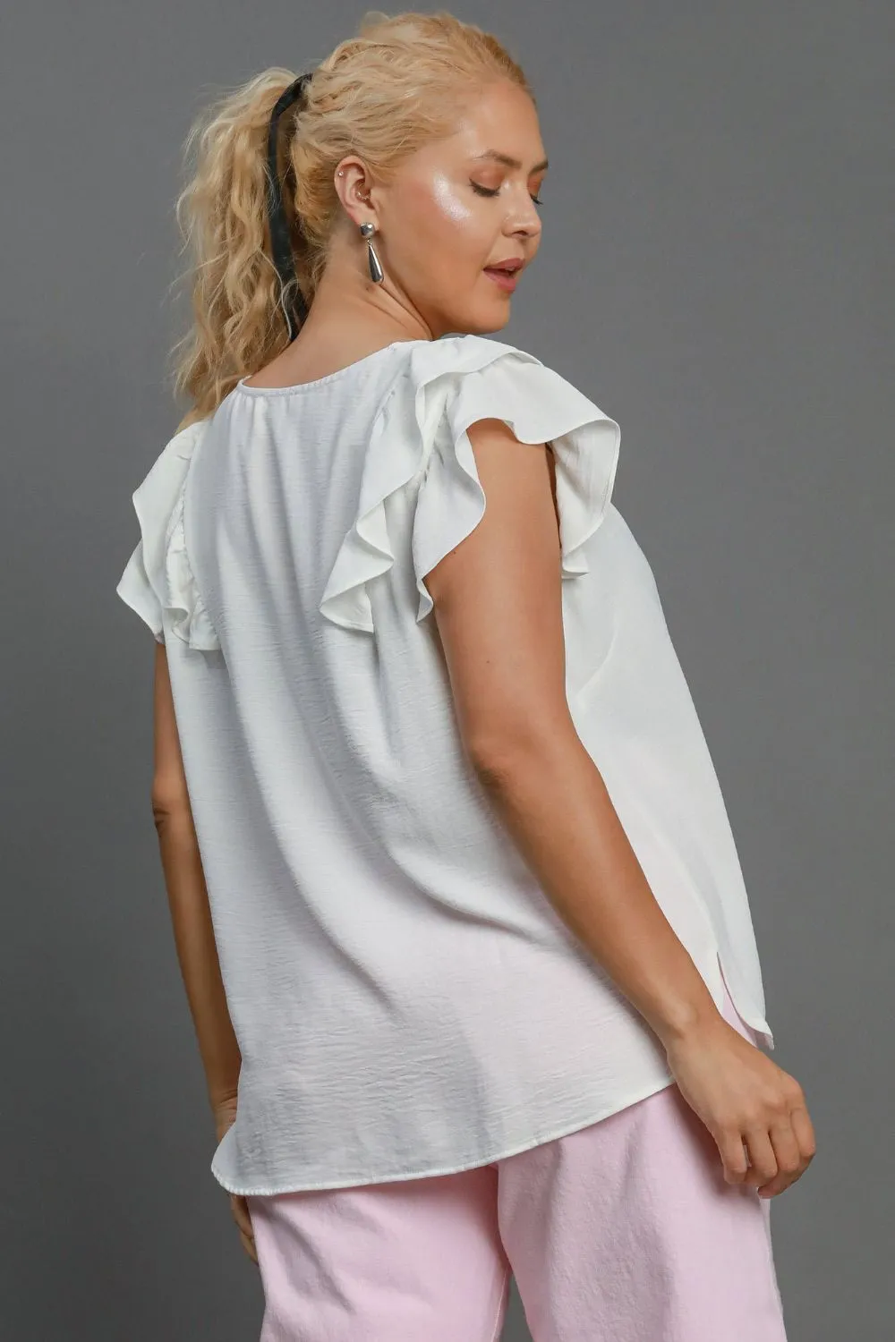 Full Size V-Neck Double Layered Ruffle Sleeve Blouse Plus Size, image 5