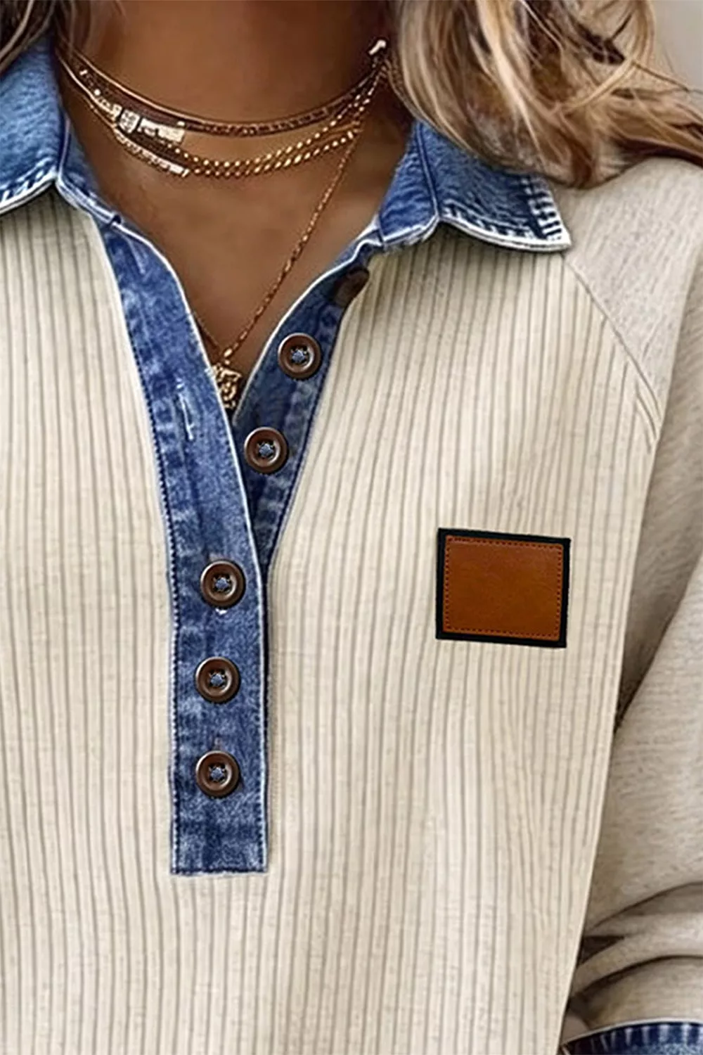 Ribbed Knit Denim Contrast Trim Top, image 4