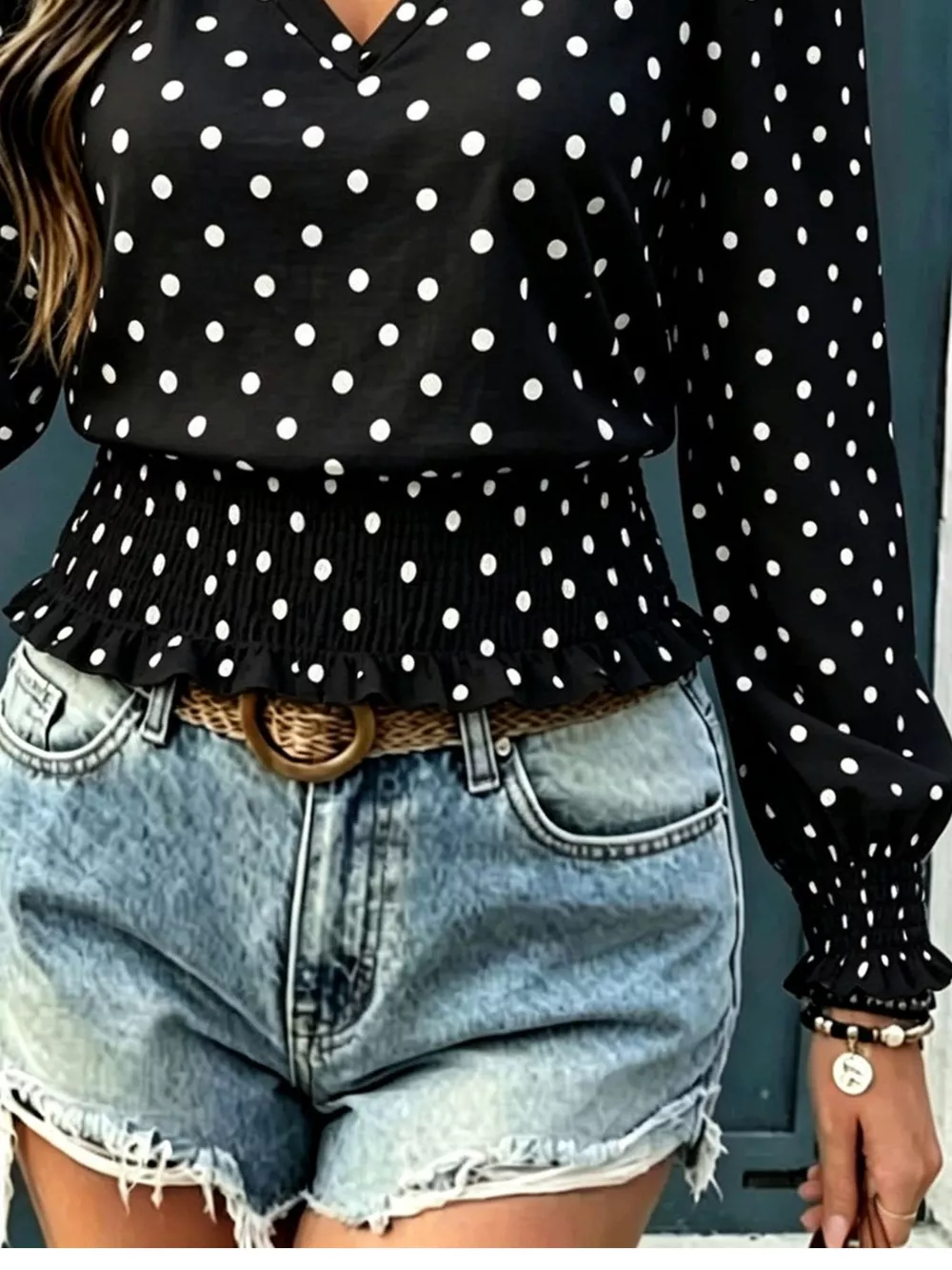 Polka Dot V-Neck Smocked Blouse, image 8