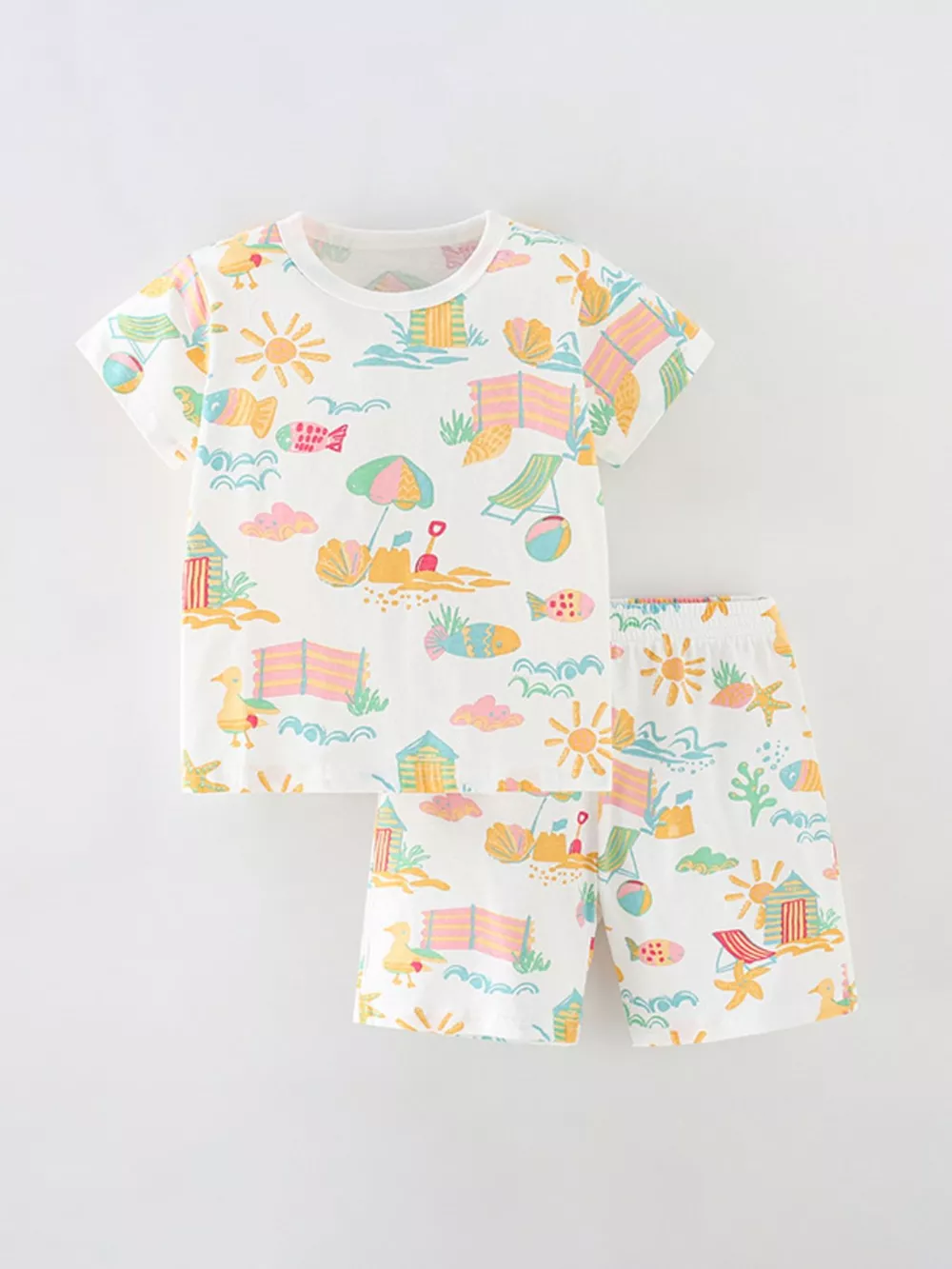 Children's Beach Print Round Neck Tee and Shorts Set
