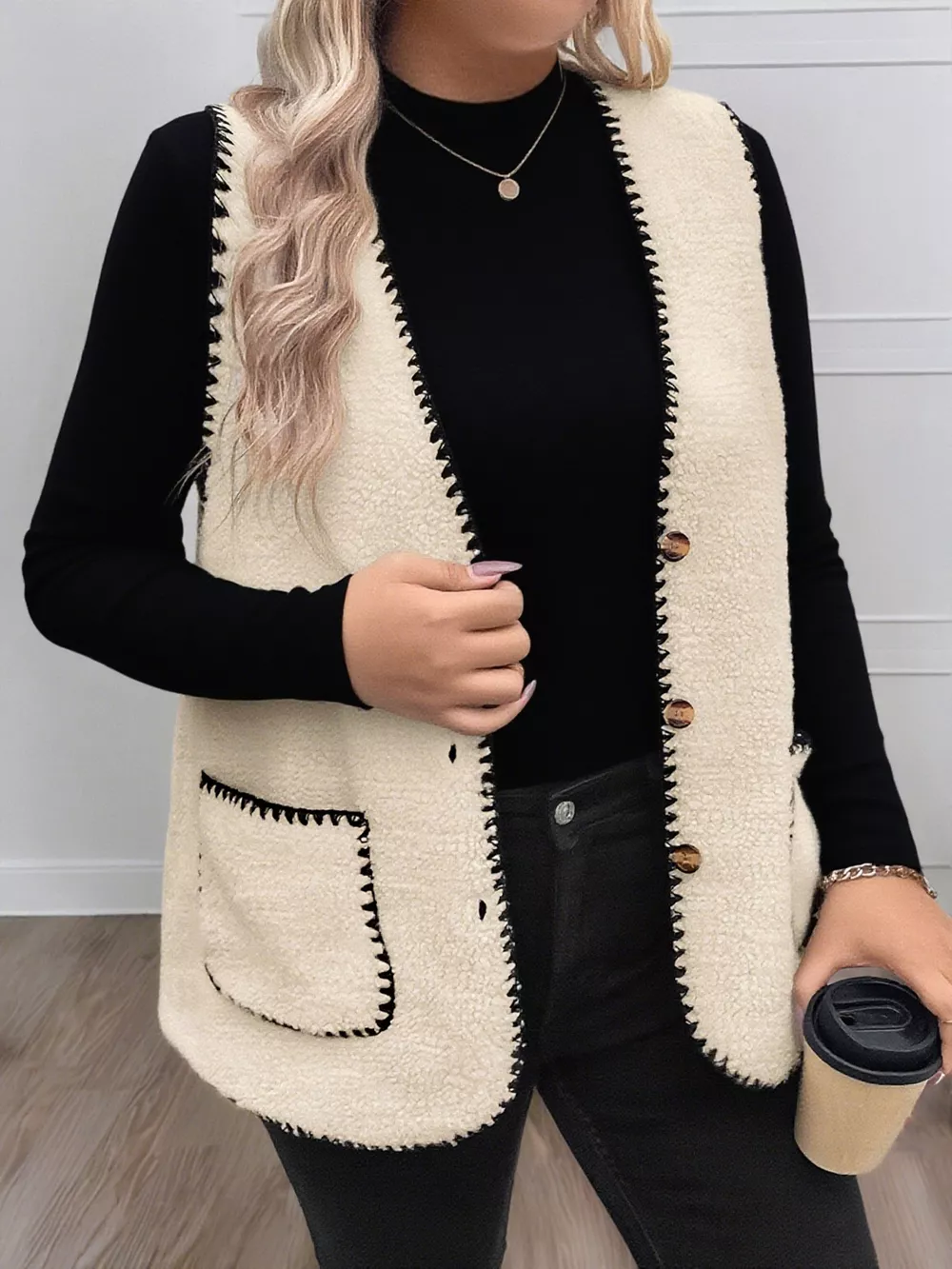 Plus Size Contrast Trim Button Up Vest Coat, image 5