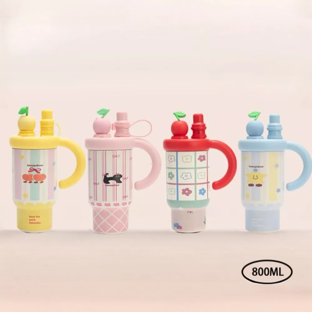 Colorful Cartoon Water Bottles with Straw and Handle, image 2
