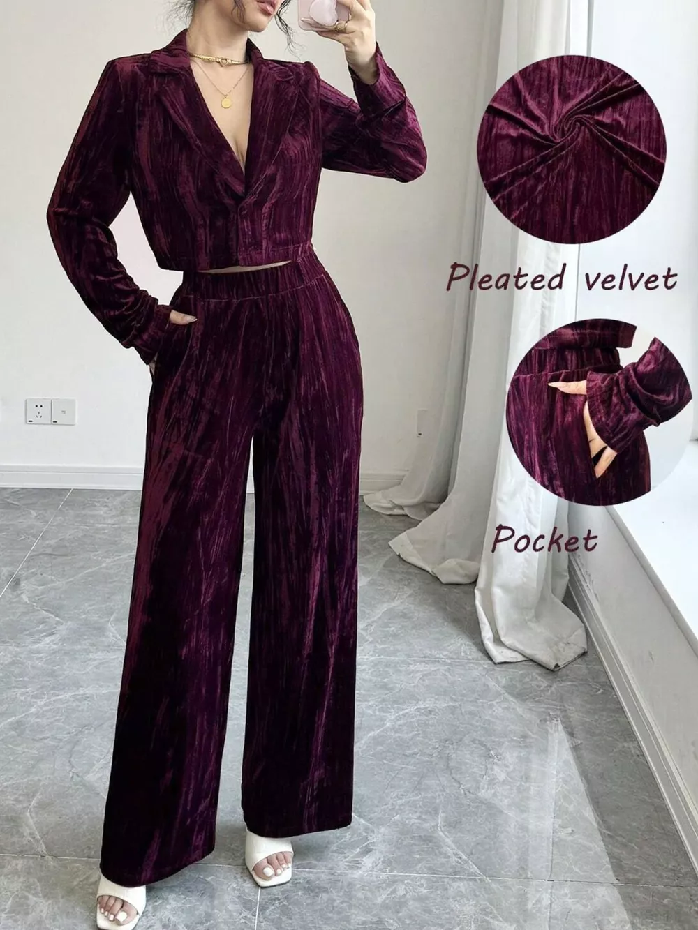 Pleated Velvet Blazer & Wide Leg Pants Set, image 12