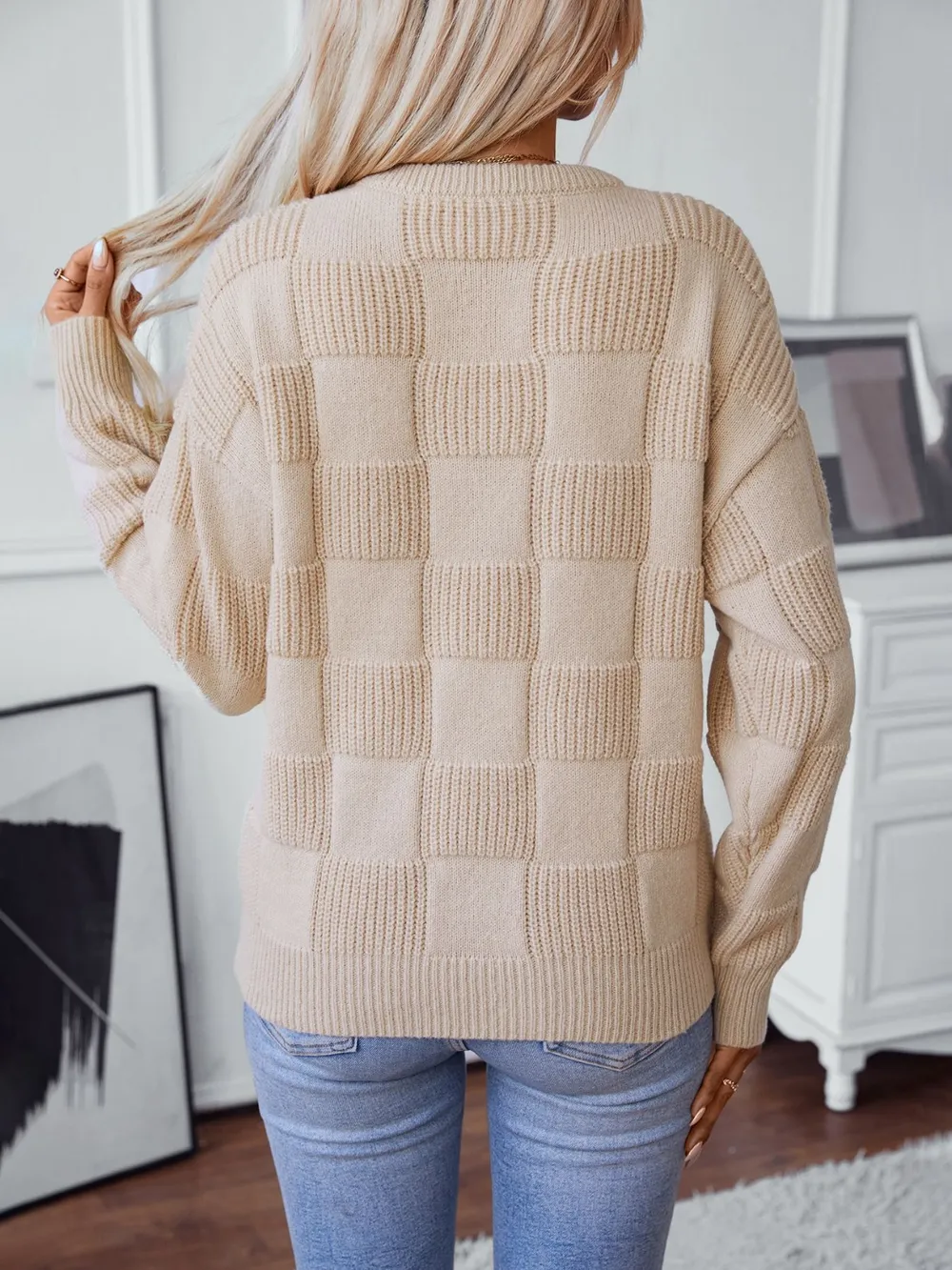 Checkered Round Neck Long Sleeve Sweater, image 2