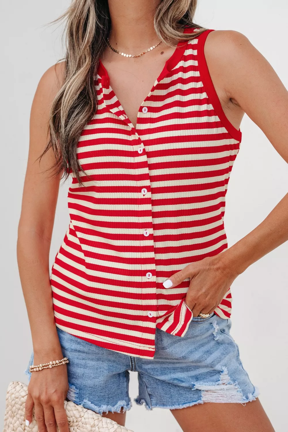 Stripe Buttoned Ribbed Knit Tank Top, image 3