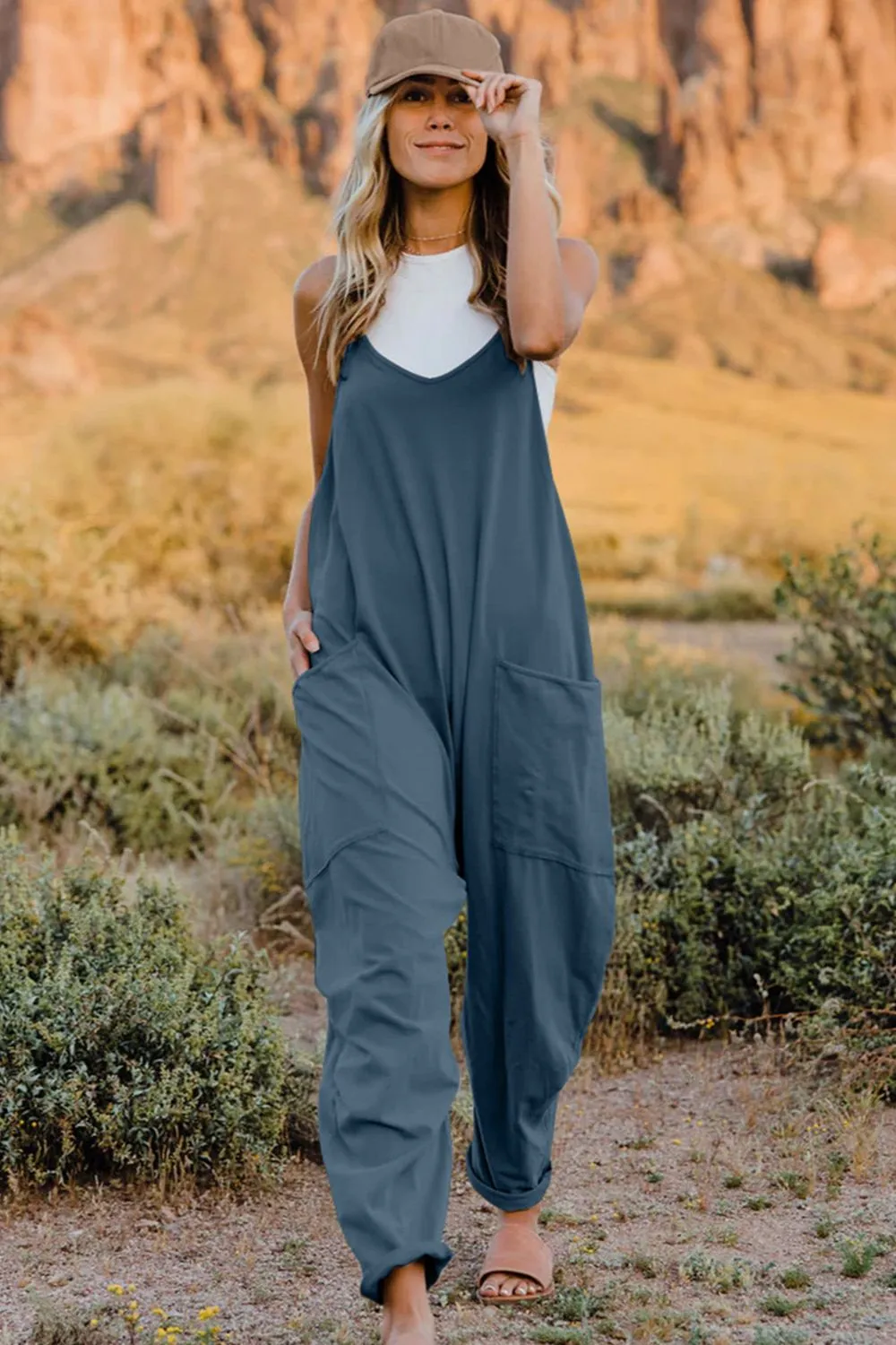 Full Size V-Neck Sleeveless Jumpsuit with Pockets, image 6