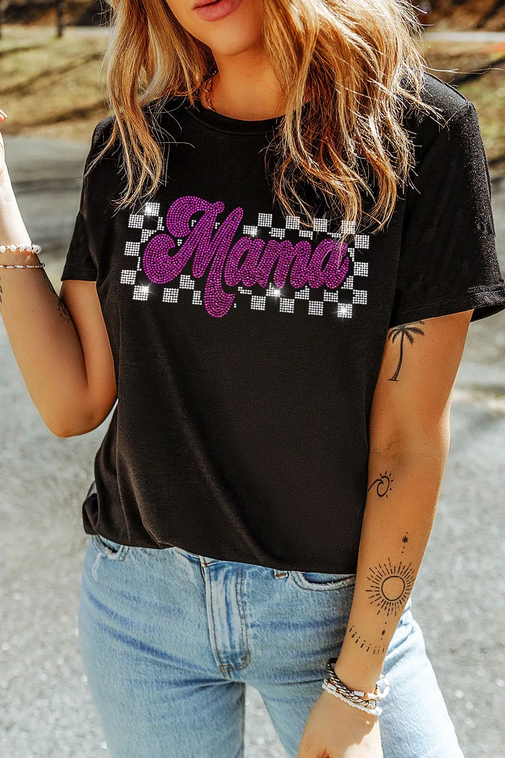 MAMA Rhinestone Letter Round Neck T-Shirt, image 3