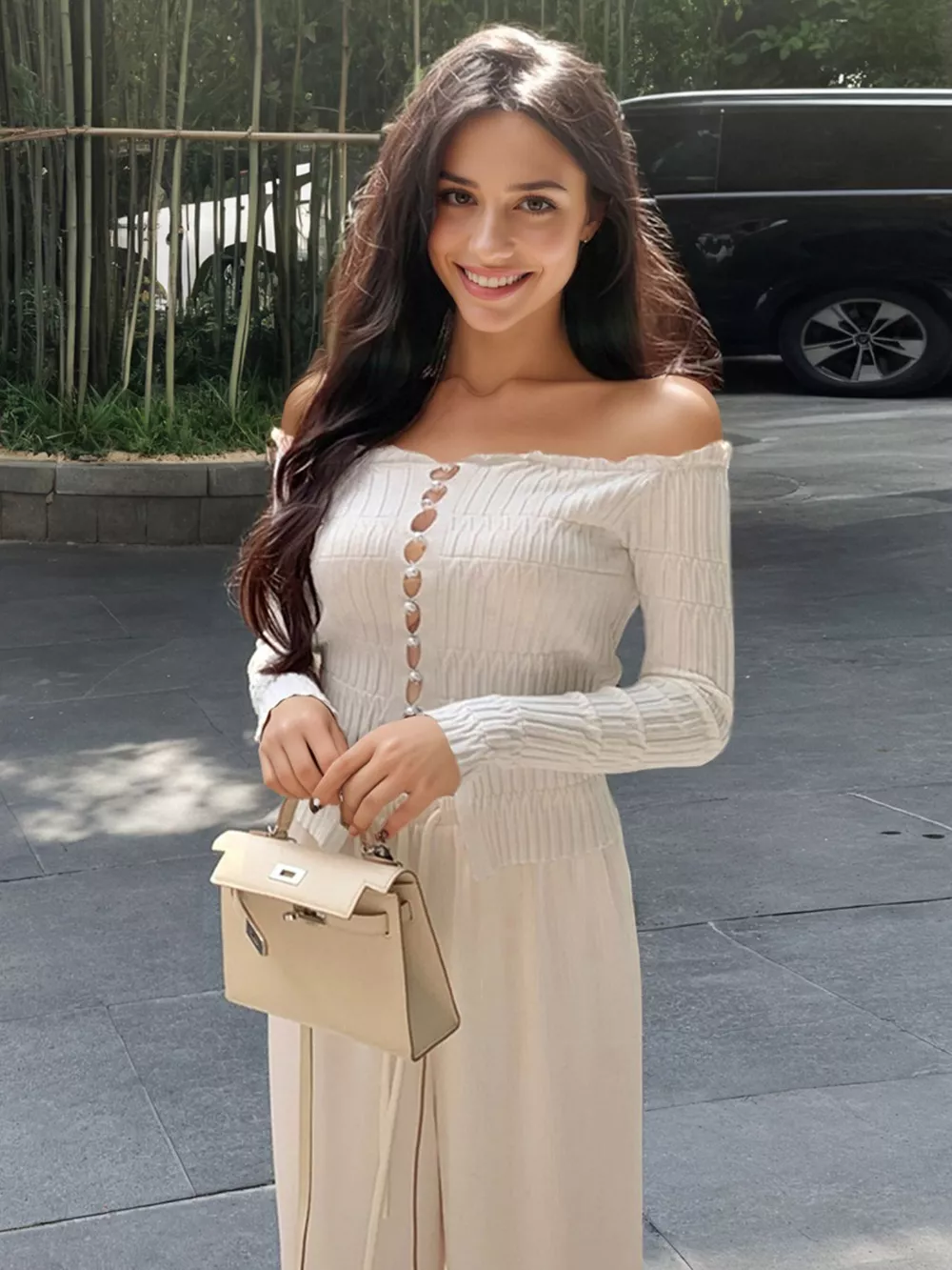 Off-Shoulder Pearl Button Knit Top, image 7