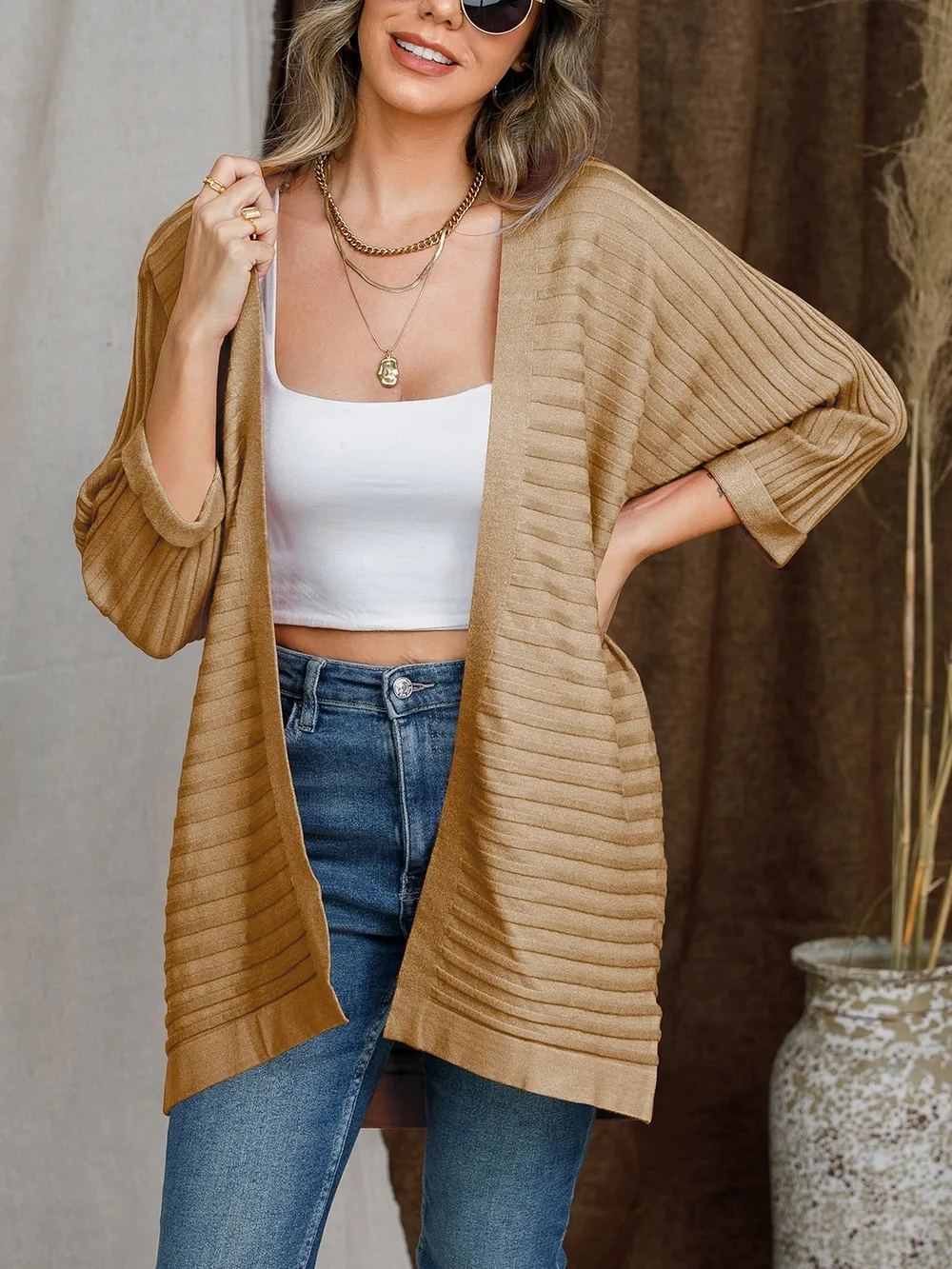 Striped Open Front Knit Cardigan, image 11