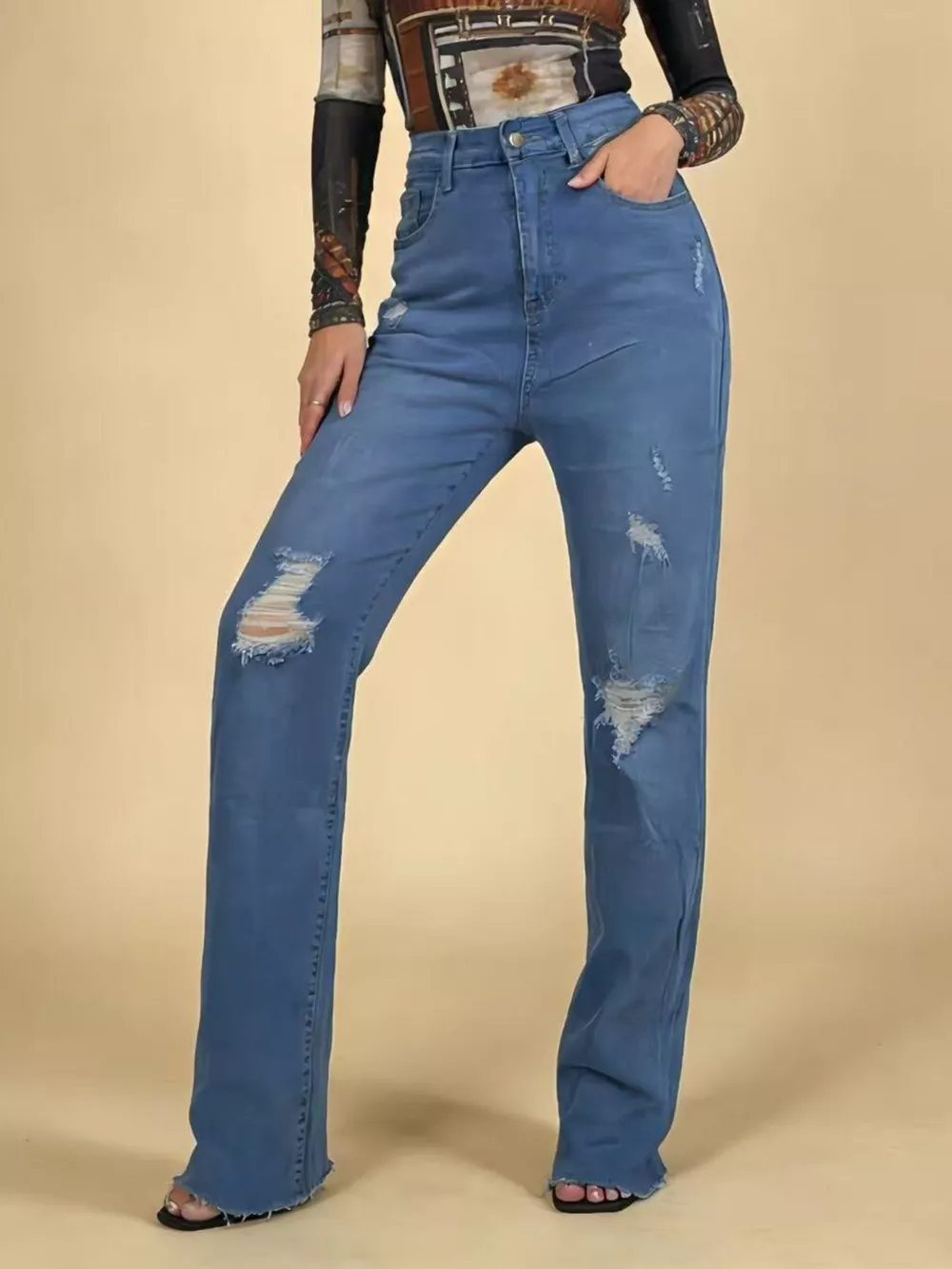 High-Waisted Distressed Jeans, image 5