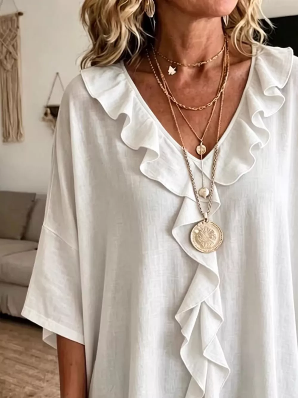 Full Size Ruffle V-Neck 3/4 Sleeve Blouse Plus Size, image 2