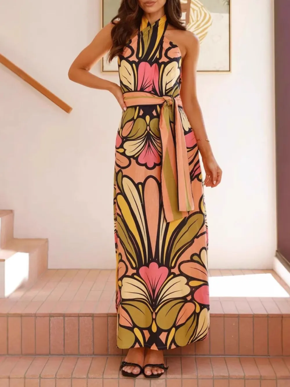 Printed Halter Neck Maxi Cami Dress, image 4