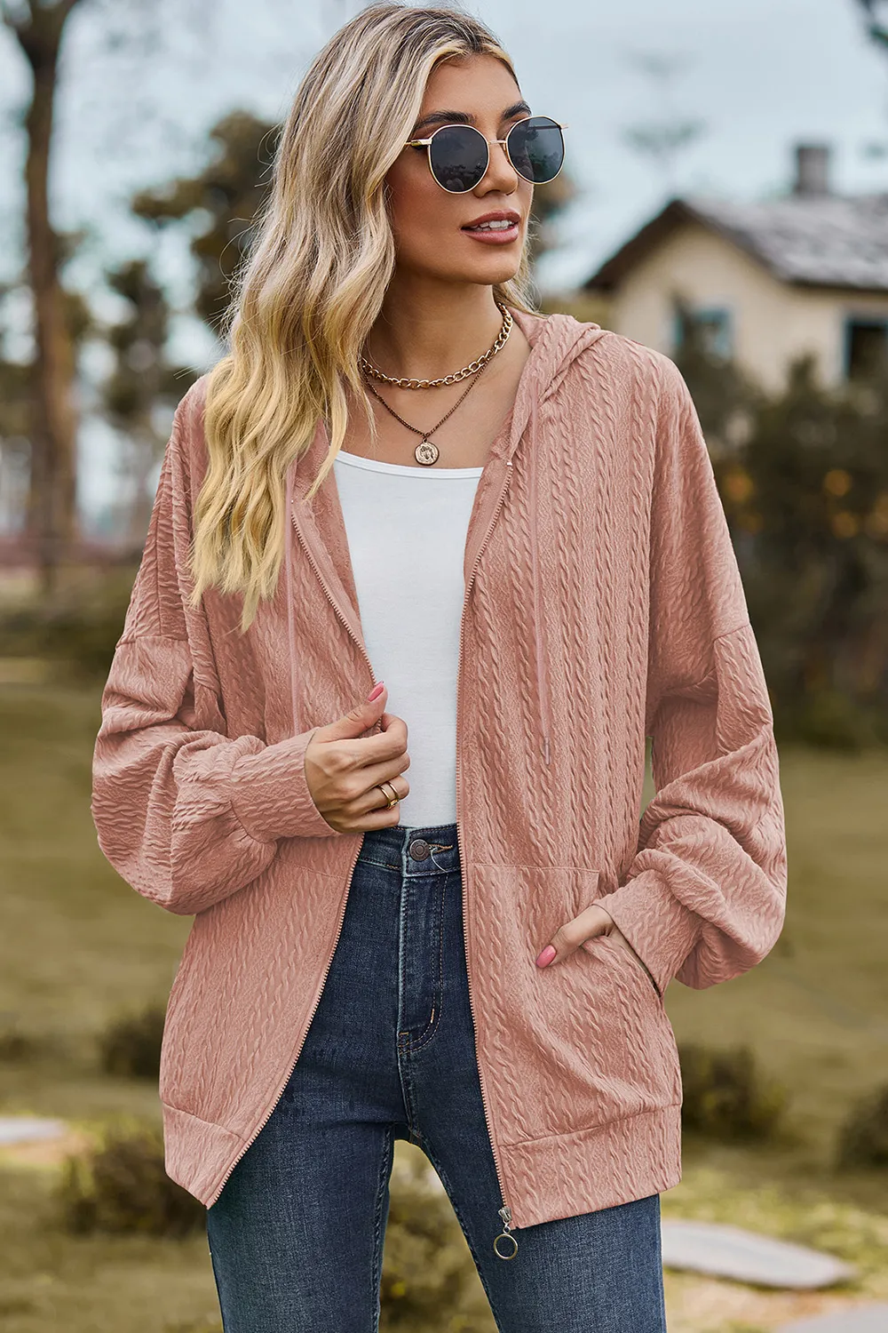 Drawstring Zip Up Dropped Shoulder Hoodie, image 22