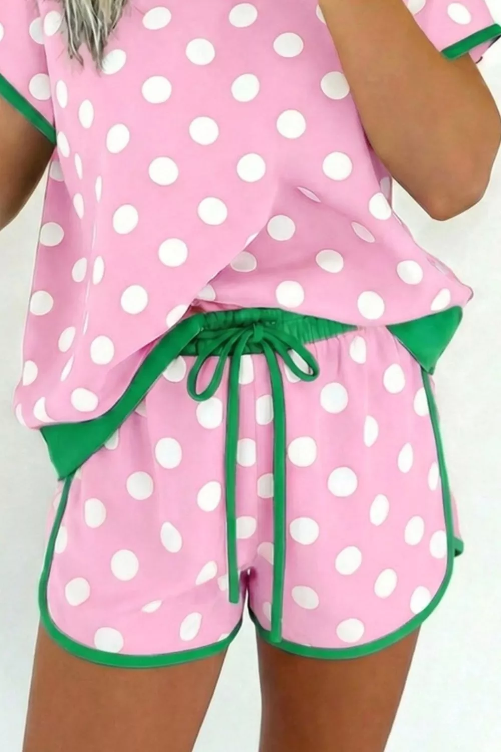 Polka Dot Contrast Trim Top and Drawstring Shorts Set, image 11