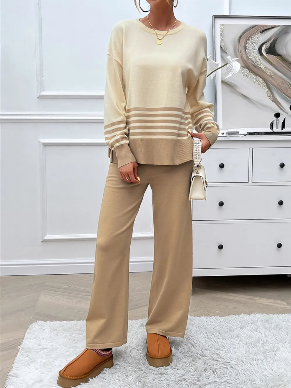 Slit Striped Round Neck Top and Pants Sweater Set, image 7