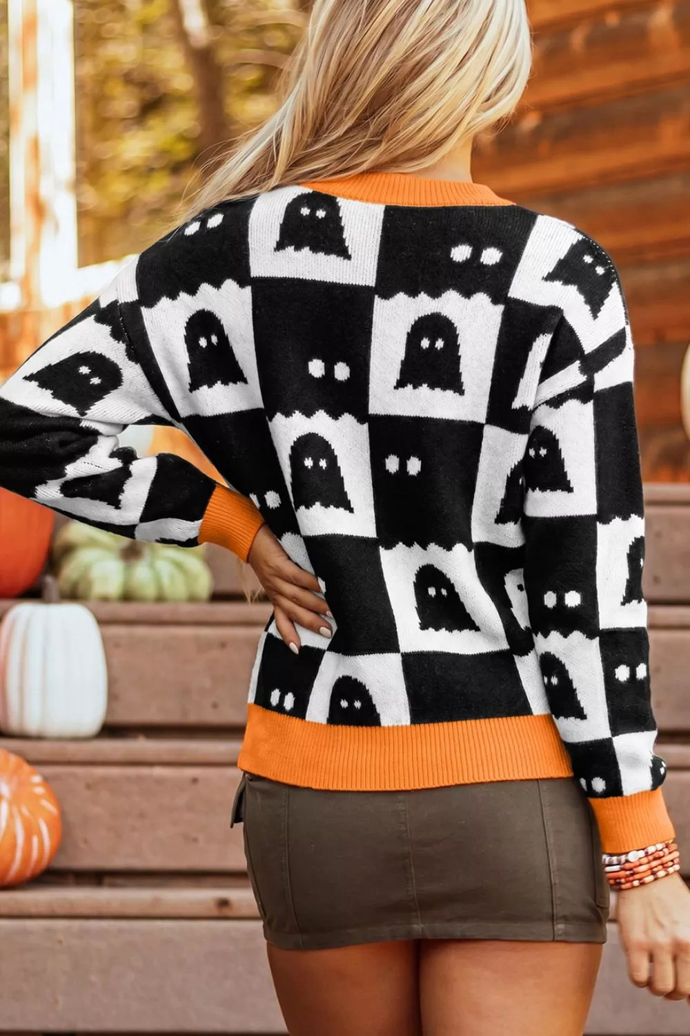 Halloween Ghost Pattern Checkerboard Sweater, image 5