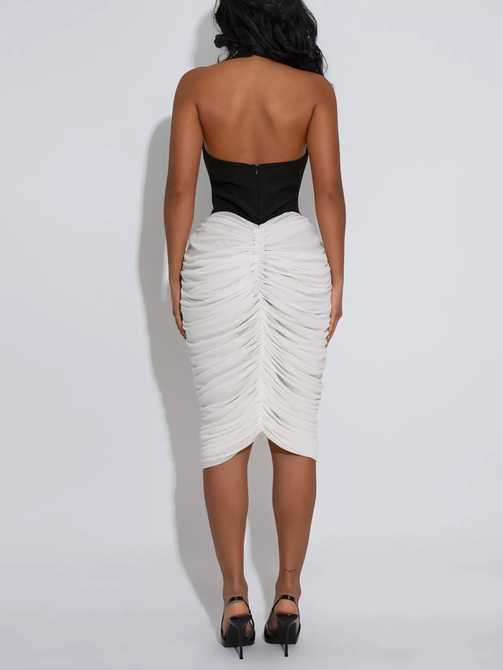 Two-Tone Sleeveless Ruched Midi Dress, image 2