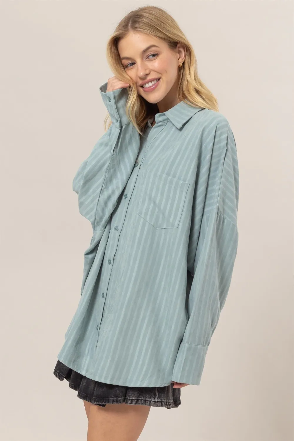 Stripe Button Down Long Sleeve Oversized Shirt, image 3